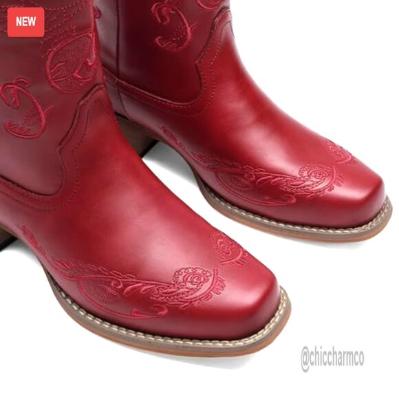 Women's Square Toe Cowboy Boots Mid Calf Western Pull On Chunky Heel - Picture 6 of 7